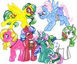 Size: 1016x842 | Tagged: safe, artist:skypinpony, fizzy, gusty, masquerade (g1), shady, wind whistler, g1, bag, glasses, traditional art