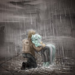 Size: 2000x2000 | Tagged: safe, artist:gor1ck, lyra heartstrings, human, fanfic:broken toy, g4, city, clothes, crying, fanfic art, high res, rain, van