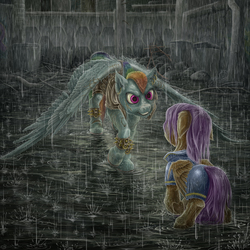 Size: 3000x3000 | Tagged: safe, artist:gor1ck, rainbow dash, scootaloo, fanfic:broken toy, g4, armor, fanfic art, high res, rain