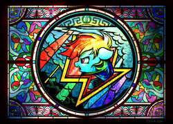 Size: 2520x1800 | Tagged: safe, artist:cigitia, rainbow dash, g4, suited for success, cloud, cutie mark, feather, female, lightning, modern art, nouveau, rainbow, solo, stained glass, storm