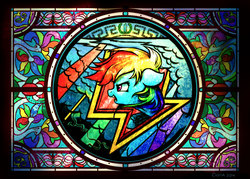 Size: 2520x1800 | Tagged: safe, artist:cigitia, rainbow dash, g4, my little pony: friendship is magic, suited for success, cloud, cutie mark, feather, female, lightning, modern art, nouveau, rainbow, solo, stained glass, storm