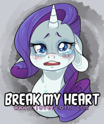 Size: 500x594 | Tagged: safe, artist:clovercoin, rarity, g4, blushing, bust, caption, colored pupils, crying, female, floppy ears, looking at you, marshmelodrama, solo