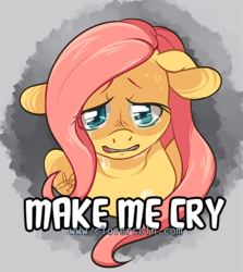 Size: 534x600 | Tagged: safe, artist:clovercoin, fluttershy, g4, bust, caption, colored pupils, crying, female, floppy ears, looking at you, solo