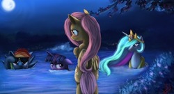 Size: 1200x650 | Tagged: safe, artist:miokomata, fluttershy, princess celestia, rainbow dash, twilight sparkle, pony, g4, bedroom eyes, bipedal, blushing, bubble, covering, fangs, floppy ears, frown, mare in the moon, moon, night, shy, skinny dipping, smiling, spread wings, sunglasses, swimming, unamused, watching, water, we don't normally wear clothes, wet mane, wingboner