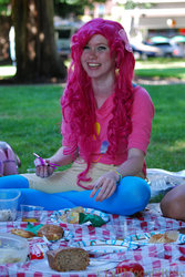 Size: 400x598 | Tagged: safe, pinkie pie, human, g4, cosplay, irl, irl human, photo, picnic, solo