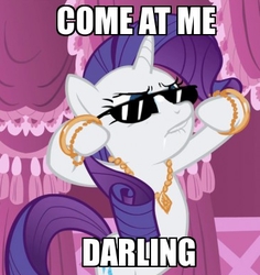 Size: 365x387 | Tagged: safe, rarity, g4, armband, come at me bro, darling, female, hug life, image macro, jewelry, meme, necklace, solo, sunglasses, text