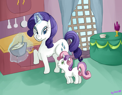 Size: 2196x1700 | Tagged: safe, artist:monii--chan, rarity, sweetie belle, pony, unicorn, g4, belle sisters, duo, duo female, female, filly, foal, horn, kitchen, mare, siblings, sisters