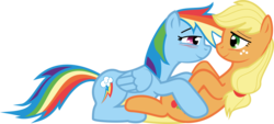 Size: 1326x602 | Tagged: dead source, safe, artist:waranto, applejack, rainbow dash, pony, g4, blushing, duo, female, lesbian, lying down, on back, prone, ship:appledash, shipping