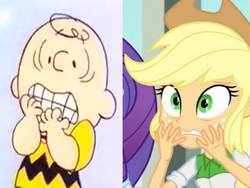 Size: 1024x768 | Tagged: safe, applejack, equestria girls, g4, my little pony equestria girls: rainbow rocks, charlie brown, comparison, peanuts, shocked, similarities