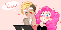 Size: 763x379 | Tagged: safe, artist:redmisa, discord, pinkie pie, human, g4, blushing, collar, drool, female, heart, humanized, it's beautiful, male, reaction image, ship:discopie, shipping, straight