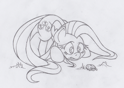 Size: 678x481 | Tagged: safe, artist:dfectivedvice, fluttershy, ladybug, g4, face down ass up, female, grayscale, monochrome, sketch, solo, surprised, traditional art