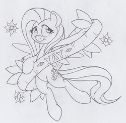 Size: 624x607 | Tagged: safe, artist:dfectivedvice, fluttershy, g4, female, flower, flying, grayscale, monochrome, sketch, solo, traditional art, yay