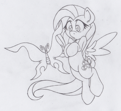 Size: 591x542 | Tagged: safe, artist:dfectivedvice, fluttershy, butterfly, g4, female, flying, grayscale, monochrome, sketch, solo, traditional art