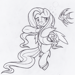 Size: 686x687 | Tagged: safe, artist:dfectivedvice, fluttershy, fish, pegasus, pony, g4, aquaman, dc comics, female, grayscale, lineart, mare, monochrome, solo, superhero, traditional art, underhoof