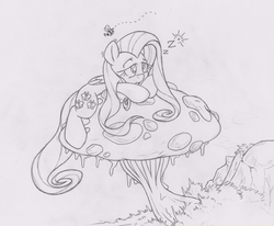 Size: 1000x822 | Tagged: safe, artist:dfectivedvice, fluttershy, bee, g4, female, grayscale, lineart, monochrome, mushroom, sketch, sleepy, solo, traditional art
