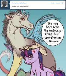 Size: 500x571 | Tagged: safe, discord, twilight, twilight sparkle, ask lord discord, g4, ask, best pony, blue background, simple background, snaggletooth, tumblr, twilight sparkle is not amused, unamused