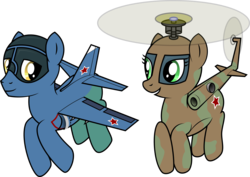 Size: 4000x2827 | Tagged: safe, artist:jh, oc, oc only, oc:ludmila, oc:sergei, helipony, original species, plane pony, pony, cute, female, flying, helicopter, helicopter pony, looking at each other, looking at someone, male, mare, mi-8, ocbetes, plane, red star, simple background, smiling, stallion, transparent background, vector, yak-38