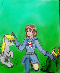 Size: 2354x2877 | Tagged: safe, artist:5618yevon, artist:sdf1jjak, derpy hooves, human, g4, crossover, grass, hayao miyazaki, high res, nausicaa & derpy, nausicaa of the valley of the wind, rock, squirrel fox, studio ghibli, teto, that one nameless background pony we all know and love, traditional art
