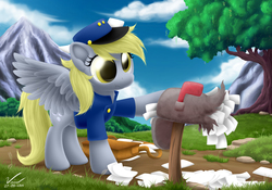 Size: 2500x1750 | Tagged: safe, artist:symbianl, derpy hooves, pegasus, pony, g4, clothes, female, mail, mailbox, mailpony, mare, solo, uniform