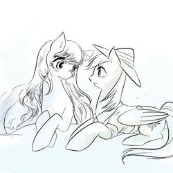Size: 1000x1000 | Tagged: safe, artist:norang94, daring do, oc, g4, blushing, eye contact, leaning, monochrome, prone, smiling