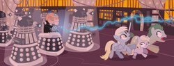 Size: 7136x2721 | Tagged: safe, artist:trotsworth, derpy hooves, dinky hooves, doctor whooves, granny smith, time turner, alien, earth pony, pegasus, pony, g4, antagonist, crossover, dalek, davros, doctor who, female, leather, life support, male, mare, ponified, prosthetic eye, prosthetic hand, prosthetics, sadism, sonic screwdriver, stallion, the doctor