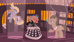 Size: 5465x3144 | Tagged: safe, artist:trotsworth, derpy hooves, dinky hooves, doctor whooves, granny smith, time turner, earth pony, pegasus, pony, g4, crossover, dalek, davros, doctor who, female, filly, leather, life support, male, mare, prosthetic eye, prosthetic hand, prosthetics, sadism, sonic screwdriver, stallion, the doctor