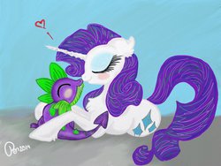 Size: 1024x768 | Tagged: safe, artist:penkatshi, rarity, spike, dragon, pony, unicorn, g4, blushing, boop, chest fluff, cute, ear fluff, eyes closed, female, floppy ears, fluffy, heart, hug, male, mare, noseboop, nuzzling, prone, ship:sparity, shipping, smiling, spikelove, straight