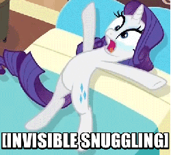 Size: 371x337 | Tagged: safe, rarity, g4, animated, female, image macro, imma snuggle you, invisible stallion, meme, non-consensual cuddling, on back, open mouth, solo, wide eyes