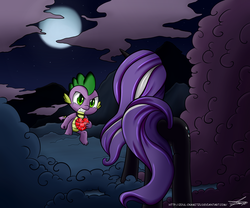 Size: 2160x1800 | Tagged: safe, artist:zortail, nightmare rarity, spike, dragon, pony, unicorn, g4, butt, female, fire ruby, fog, glare, gritted teeth, male, moon, night, plot, ship:nightmare sparity, shipping, straight, sweat