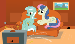 Size: 1200x708 | Tagged: safe, artist:spacekingofspace, bon bon, lyra heartstrings, sweetie drops, earth pony, pony, unicorn, g1, g4, my little pony tales, couch, duo, mouse hole, sitting lyra, television