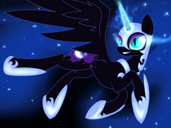 Size: 1024x768 | Tagged: safe, artist:novabytes, nightmare moon, alicorn, pony, g4, ethereal mane, female, flying, glowing eyes, glowing horn, horn, mare, night, slit pupils, solo, spread wings, starry mane, wings