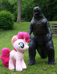 Size: 699x900 | Tagged: safe, artist:pixelkitties, pinkie pie, earth pony, kaiju, pony, g4, 4de, crossover, godzilla, godzilla (series), godzilla 2014, irl, jakks pacific, outdoors, photo, plushie, toy