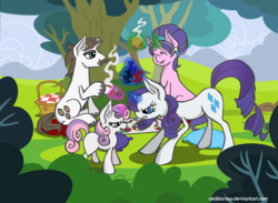 Size: 3508x2569 | Tagged: dead source, safe, artist:alexcreations, cookie crumbles, hondo flanks, rarity, sweetie belle, pony, unicorn, g4, angry, board game, dice, family, high res, magic, picnic, rarity's parents, ship:cookieflanks