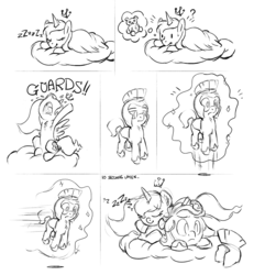Size: 1150x1246 | Tagged: artist needed, source needed, safe, princess luna, alicorn, pony, g4, cloud, colt, comic, cute, eyes closed, filly, floppy ears, fluffy, frown, lunabetes, magic, monochrome, prone, requested art, royal guard, sleeping, smiling, teddy bear, telekinesis, wide eyes, woona, zzz