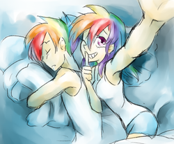 Size: 1272x1059 | Tagged: safe, artist:annie-aya, rainbow dash, human, g4, armpits, bae caught me sleepin, bed, drool, duo, female, humanized, looking at you, male, one eye closed, pillow, rainbow blitz, revenge, rule 63, self ponidox, selfcest, selfie, ship:dashblitz, shipping, sleeping, straight, wink