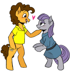 Size: 672x698 | Tagged: safe, artist:starry-duck, cheese sandwich, maud pie, earth pony, pony, g4, bipedal, blushing, clothes, dress, eye contact, female, heart, looking at each other, male, maudwich, shipping, simple background, smiling, straight, transparent background, when she smiles