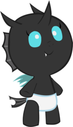 Size: 453x784 | Tagged: safe, artist:megarainbowdash2000, changeling, nymph, baby, baby changeling, bipedal, cute, diaper, fangs, foal, simple background, smiling, solo, transparent background, vector