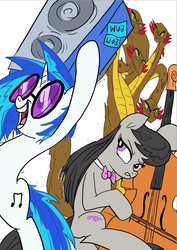 Size: 621x877 | Tagged: safe, artist:jowyb, dj pon-3, octavia melody, vinyl scratch, hydra, g4, angry, cello, multiple heads, musical instrument, octavia is not amused, speaker, unamused, wip, wub
