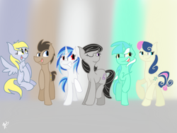 Size: 1024x768 | Tagged: safe, artist:leetle-pink-fudge, bon bon, derpy hooves, dj pon-3, doctor whooves, lyra heartstrings, octavia melody, sweetie drops, time turner, vinyl scratch, earth pony, pegasus, pony, unicorn, g4, background six, female, male, mare, stallion