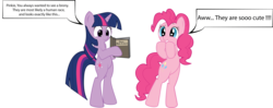 Size: 6517x2569 | Tagged: safe, artist:hoodie-stalker, pinkie pie, twilight sparkle, earth pony, pony, unicorn, g4, bipedal, book, brony, duo, duo female, female, hooves on face, speech bubble, teeth, unicorn twilight