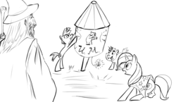 Size: 1580x919 | Tagged: safe, artist:rubrony, snails, snips, trixie, g4, crossover, lord of the rings, monochrome
