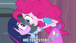 Size: 1920x1080 | Tagged: safe, pinkie pie, twilight sparkle, equestria girls, g4, duo, duo female, female, meme, psychic, reaction image, text