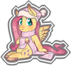 Size: 1024x959 | Tagged: safe, artist:kyaokay, fluttershy, pegasus, pony, g4, clothes, colored hooves, female, hat, looking at you, looking sideways, scarf, simple background, sitting, solo, spread wings, sticker, transparent background, wings