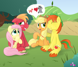 Size: 3000x2575 | Tagged: safe, artist:kaleysia, applejack, big macintosh, fluttershy, smarty pants, tex, earth pony, pony, g4, blushing, double date, embarrassed, high res, male, ship:fluttermac, ship:texjack, shipping, stallion, straight