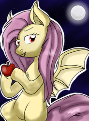 Size: 1024x1388 | Tagged: safe, artist:stockingstreams, fluttershy, bat pony, pony, g4, apple, apple juice, fangs, female, flutterbat, looking at you, moon, night, race swap, solo