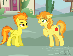Size: 1024x791 | Tagged: safe, artist:rulette, braeburn, spitfire, earth pony, pegasus, pony, g4, female, male, shipping, show accurate, spitburn, straight