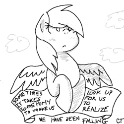 Size: 700x700 | Tagged: safe, artist:shinypikachu25, derpy hooves, pegasus, pony, g4, banner, cloud, cloudy, female, handwriting, looking up, mare, monochrome, mouthpiece, old banner, positive ponies, solo, wip