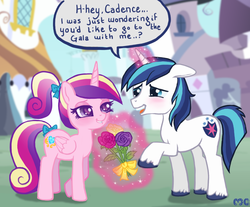 Size: 976x809 | Tagged: safe, artist:mcponyponypony, princess cadance, shining armor, g4, bouquet, flower, heart eyes, teen princess cadance, wingding eyes, younger