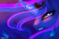 Size: 3000x2000 | Tagged: safe, artist:featherblot, princess luna, g4, bust, fangs, feather, female, grin, high res, solo