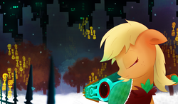 Size: 4404x2564 | Tagged: safe, artist:repoisn, applejack, g4, clothes, crossover, eyes closed, female, floppy ears, loose hair, solo, sword, transistor, tree